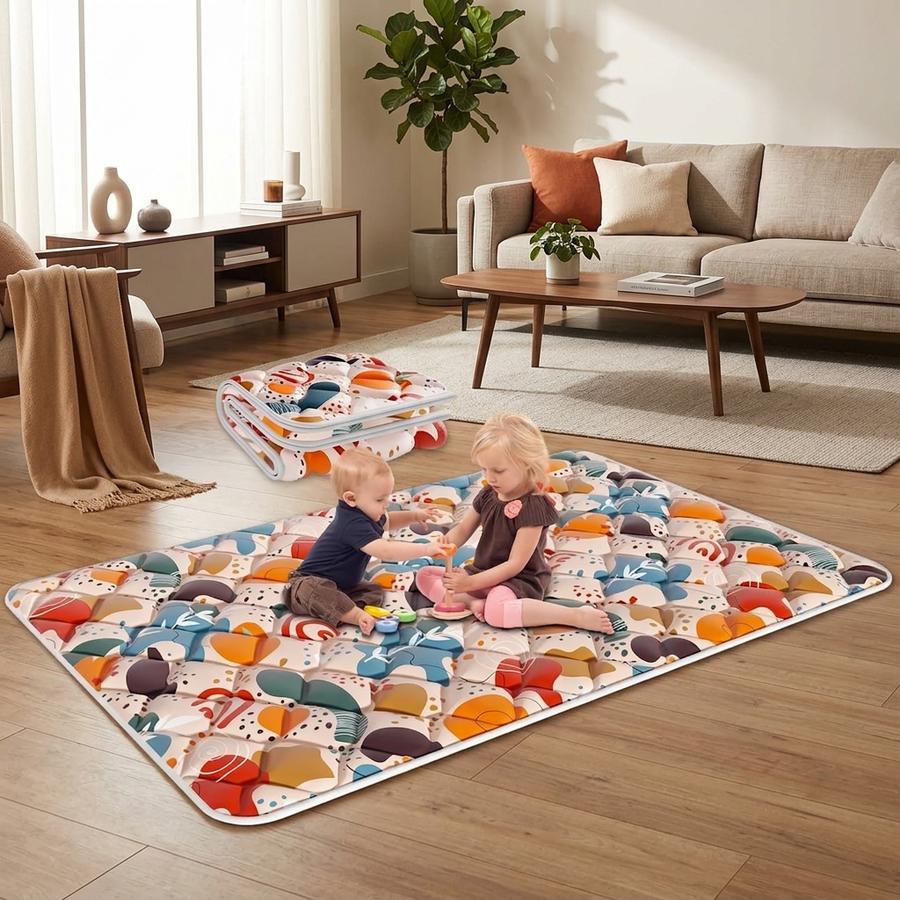 74×50 foam play mat folded for storage in a closet
